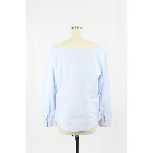 THEORY Auriana Blue Stretch Cotton Poplin Off Shoulder Button Up Shirt, Size L - Picture 3 of 15